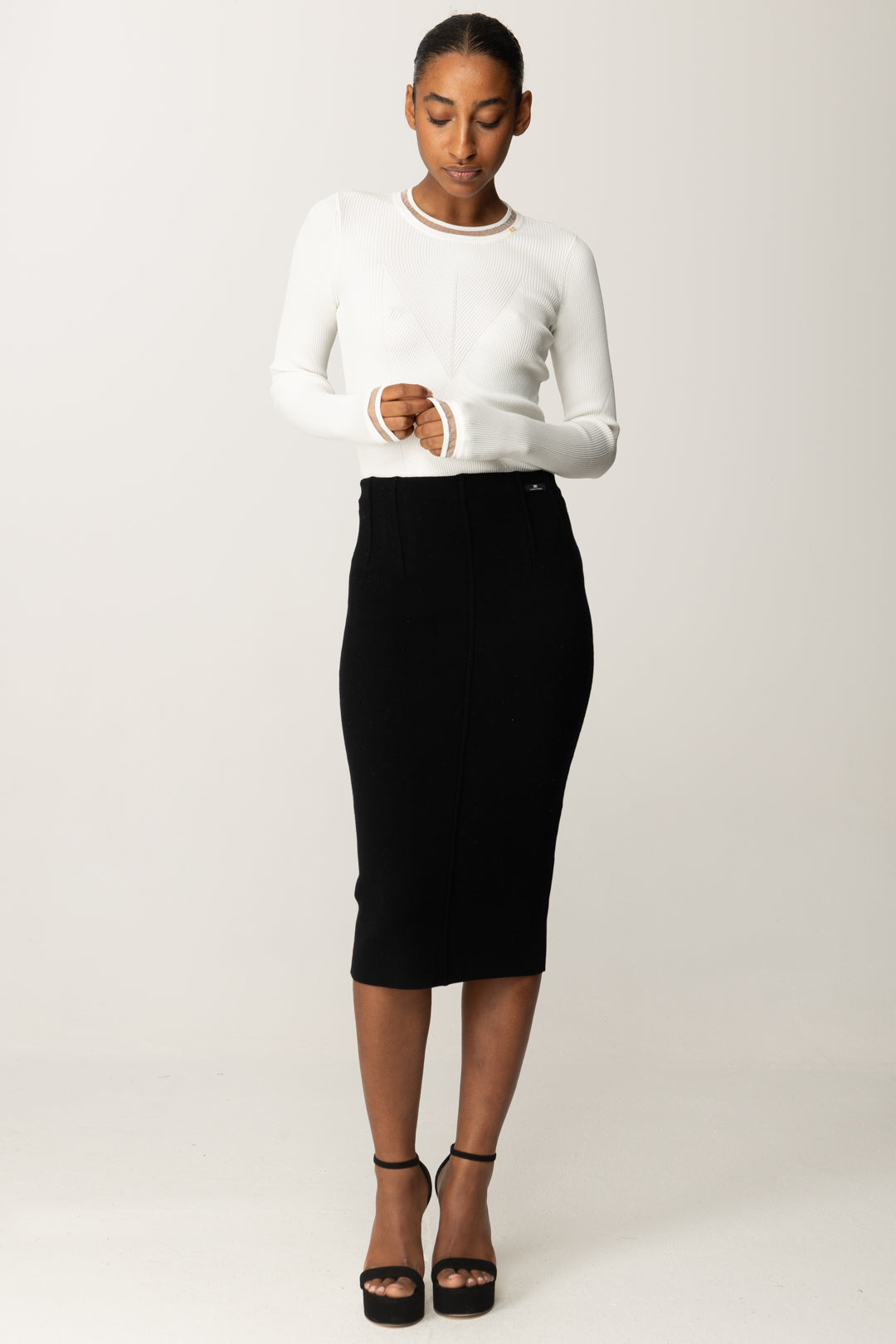 Elisabetta Franchi Maglia a Costine con Bordi In Nylon MK13B56E2 AVORIO