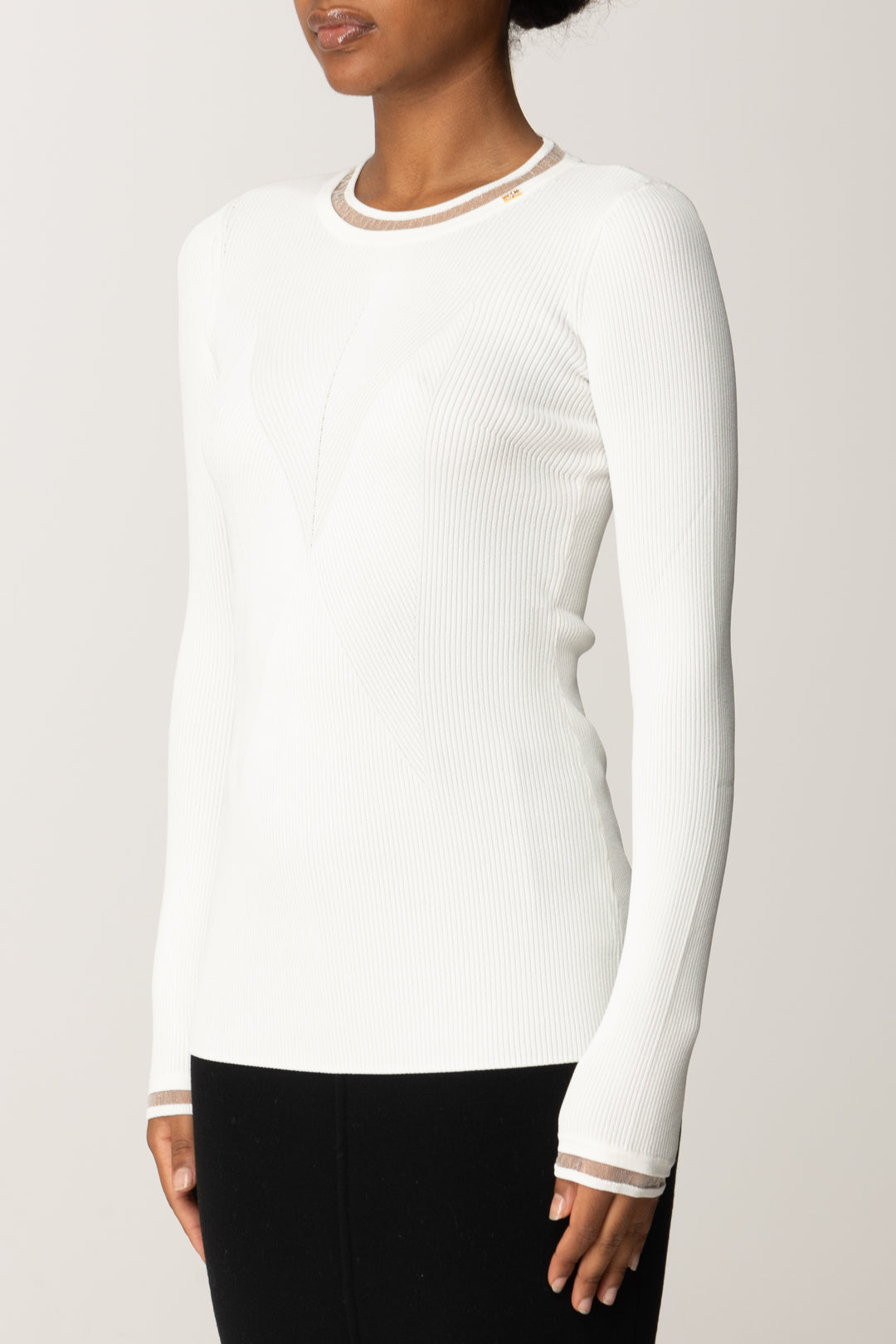 Elisabetta Franchi Maglia a Costine con Bordi In Nylon MK13B56E2 AVORIO