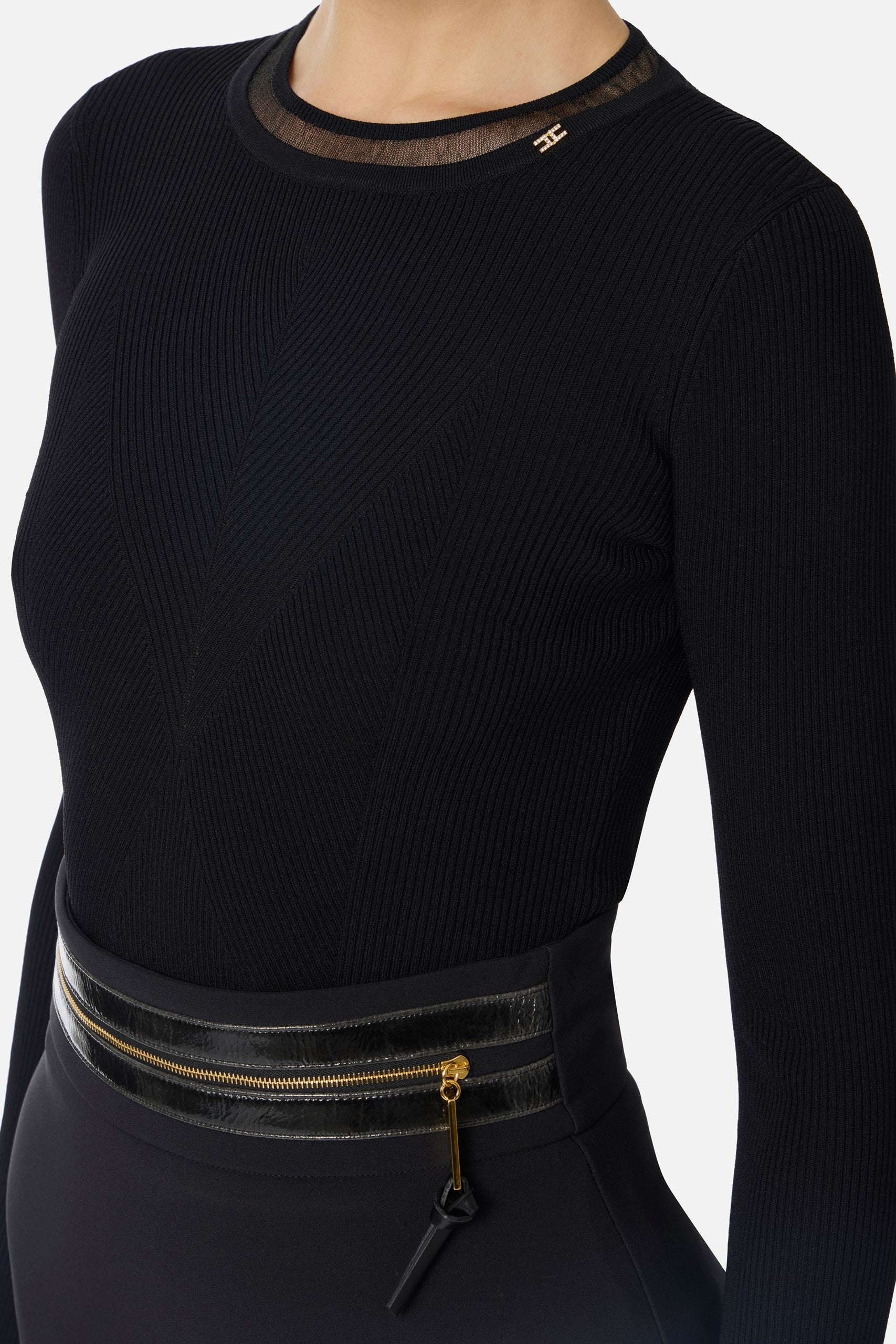 Elisabetta Franchi Maglia a Costine con Bordi In Nylon MK13B56E2 NERO