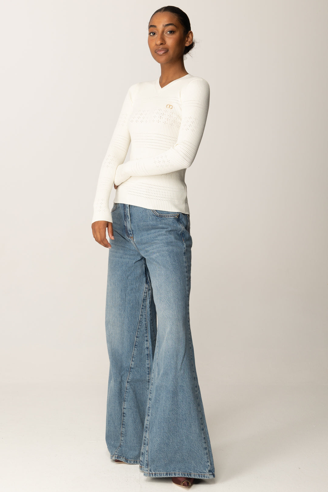 Twin-set Maglia a Costine con Logo Gioiello
 252TP3241 NEVE