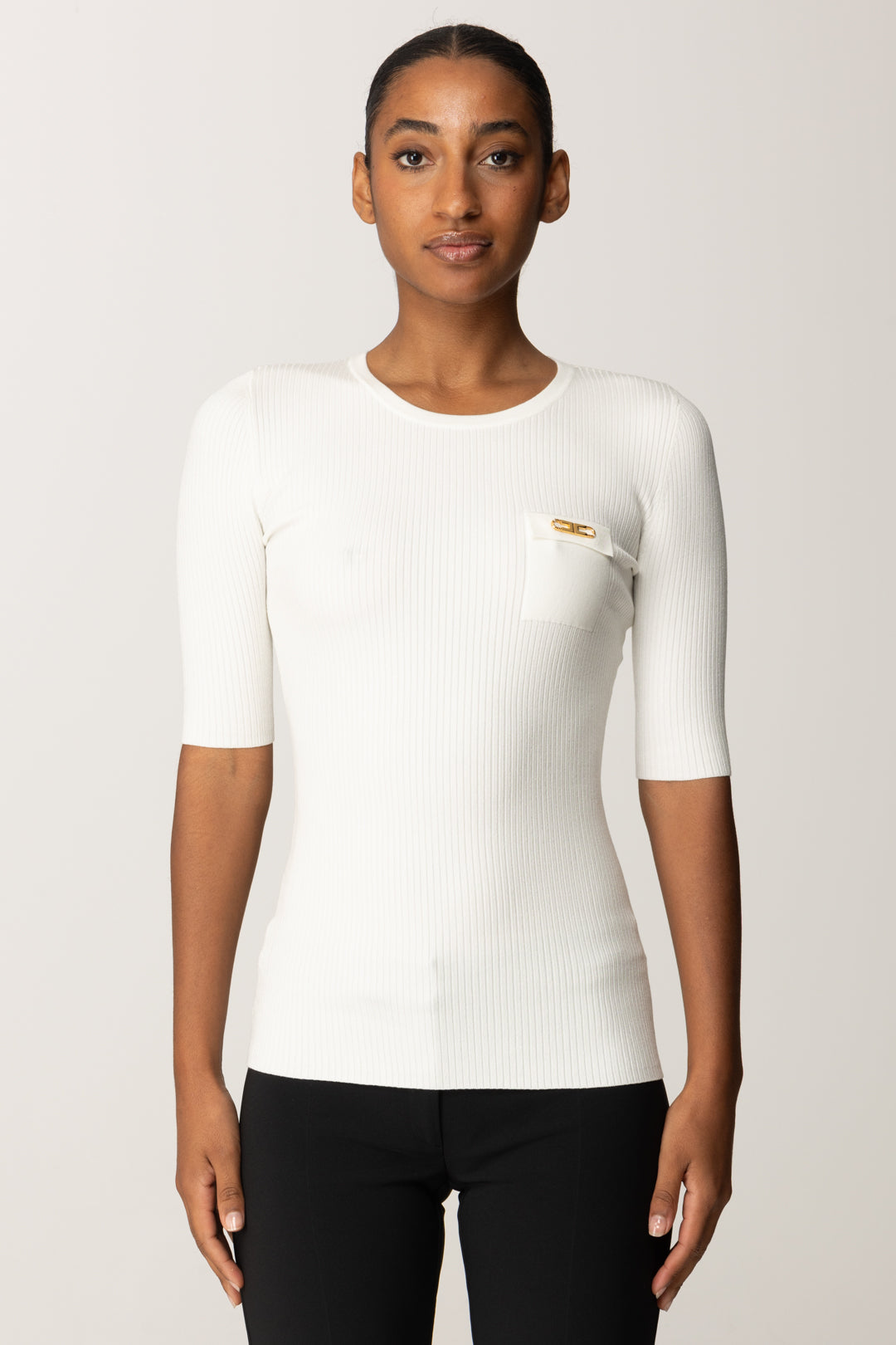 Elisabetta Franchi Maglia a Costine con Maniche Corte MK10B56E2 AVORIO