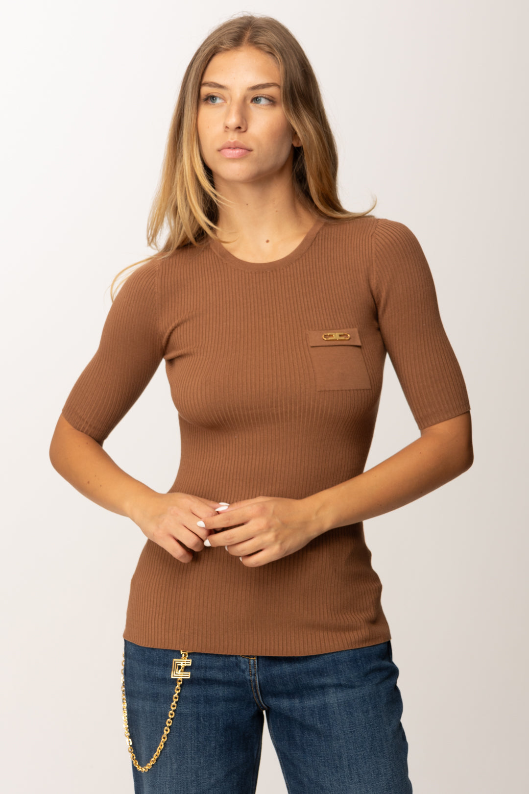 Elisabetta Franchi Maglia a Costine con Maniche Corte MK10B56E2 BROWN SUGAR