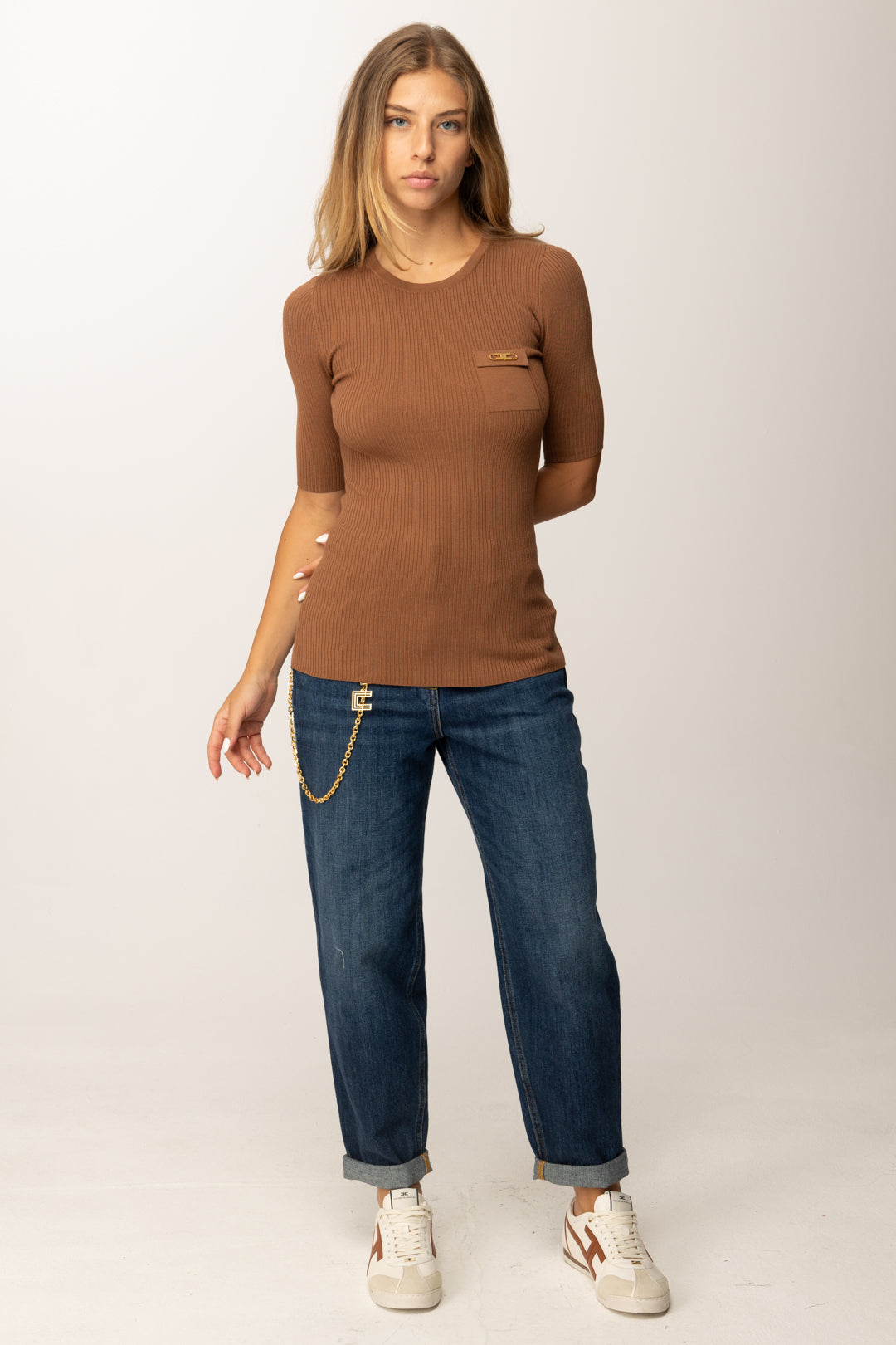Elisabetta Franchi Maglia a Costine con Maniche Corte MK10B56E2 BROWN SUGAR