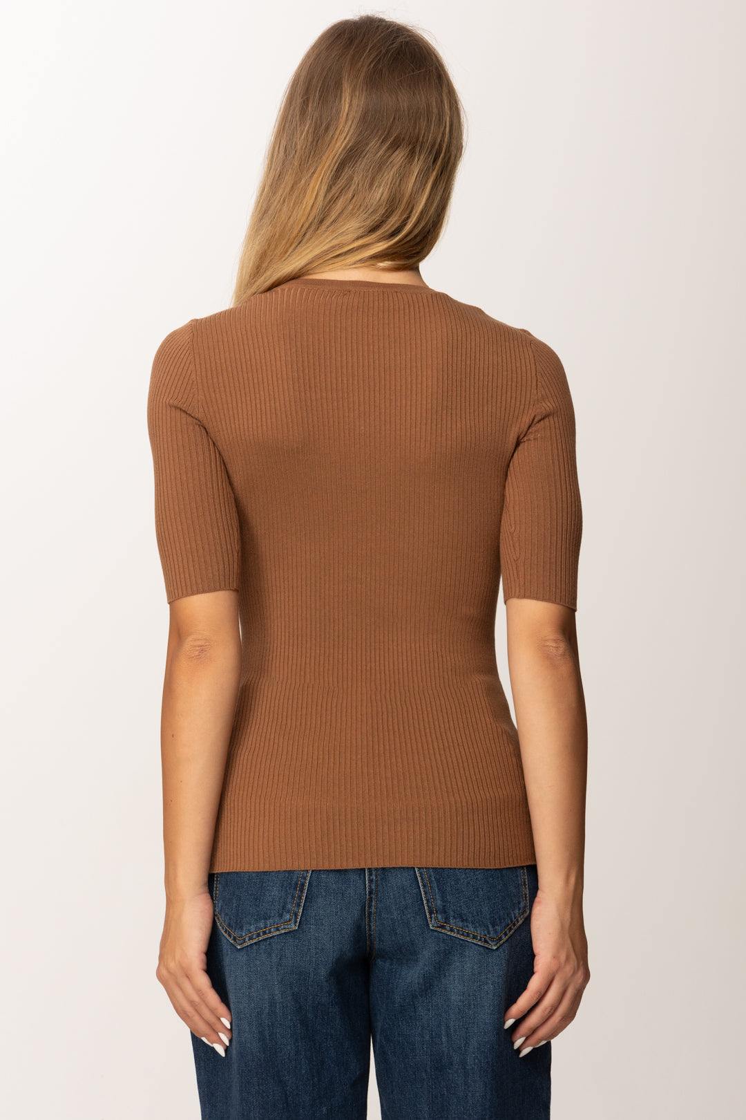 Elisabetta Franchi Maglia a Costine con Maniche Corte MK10B56E2 BROWN SUGAR