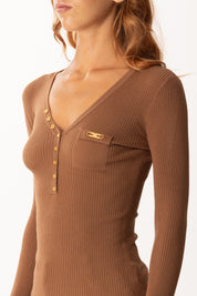 Elisabetta Franchi Maglia a Costine con Taschino MK12B56E2 BROWN SUGAR