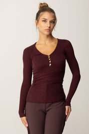 Elisabetta Franchi Maglia a Costine In Cupro con Scollo Profondo e Bottoni Dorati MD00456E2 MERLOT