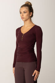 Elisabetta Franchi Maglia a Costine In Cupro con Scollo Profondo e Bottoni Dorati MD00456E2 MERLOT