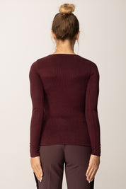 Elisabetta Franchi Maglia a Costine In Cupro con Scollo Profondo e Bottoni Dorati MD00456E2 MERLOT