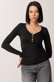 Elisabetta Franchi Maglia a Costine In Cupro con Scollo Profondo e Bottoni Dorati MD00456E2 NERO