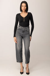 Elisabetta Franchi Maglia a Costine In Cupro con Scollo Profondo e Bottoni Dorati MD00456E2 NERO