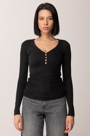 Elisabetta Franchi Maglia a Costine In Cupro con Scollo Profondo e Bottoni Dorati MD00456E2 NERO