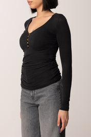 Elisabetta Franchi Maglia a Costine In Cupro con Scollo Profondo e Bottoni Dorati MD00456E2 NERO