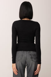 Elisabetta Franchi Maglia a Costine In Cupro con Scollo Profondo e Bottoni Dorati MD00456E2 NERO