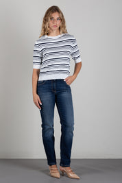 Angela Davis Maglia a Righe Blu e Bianche con Maniche Corte RP9PA50 PANNA