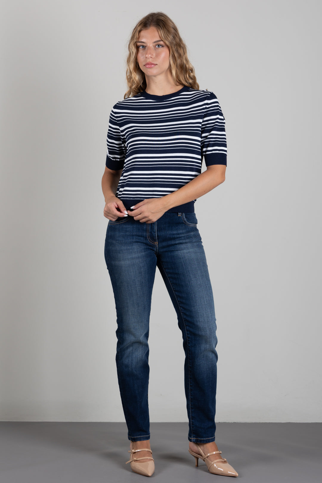 Angela Davis Maglia a Righe con Maniche a Sbuffo RP9PA50 BLU