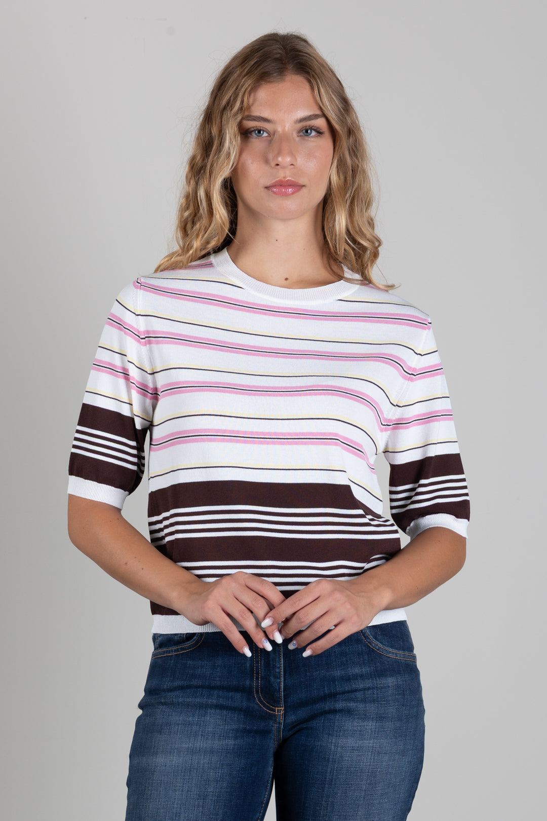 Angela Davis Maglia a Righe Multicolor con Dettagli Marroni RP9PA64 MORO
