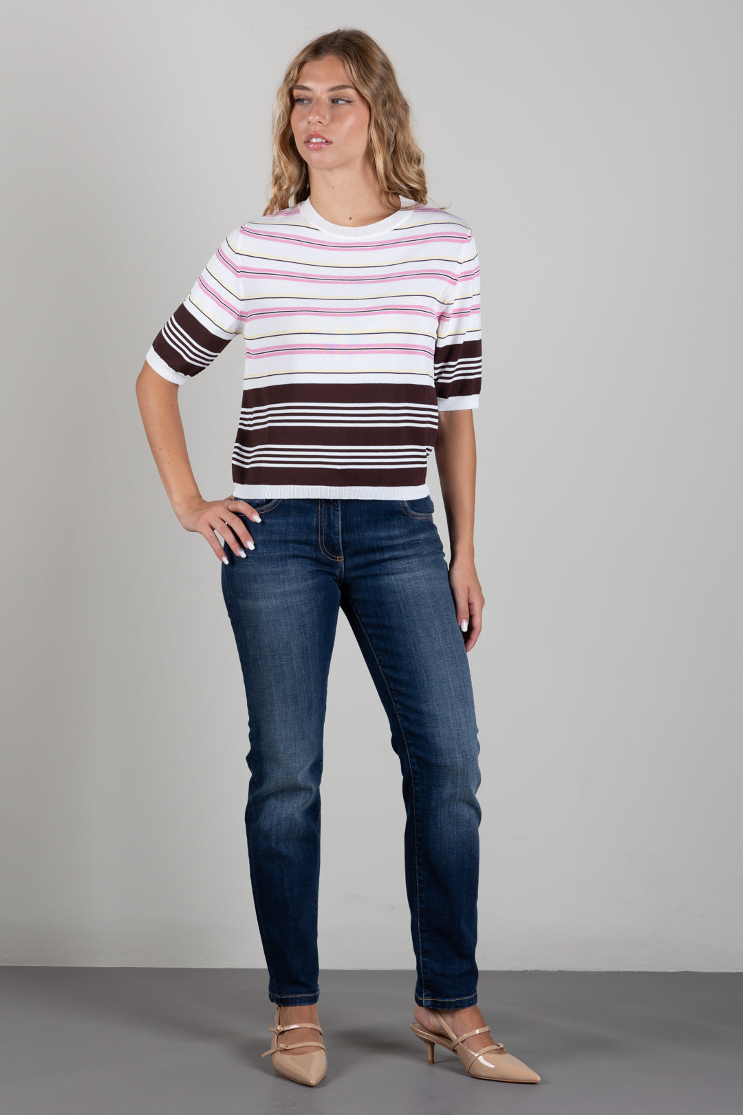 Angela Davis Maglia a Righe Multicolor con Dettagli Marroni RP9PA64 MORO