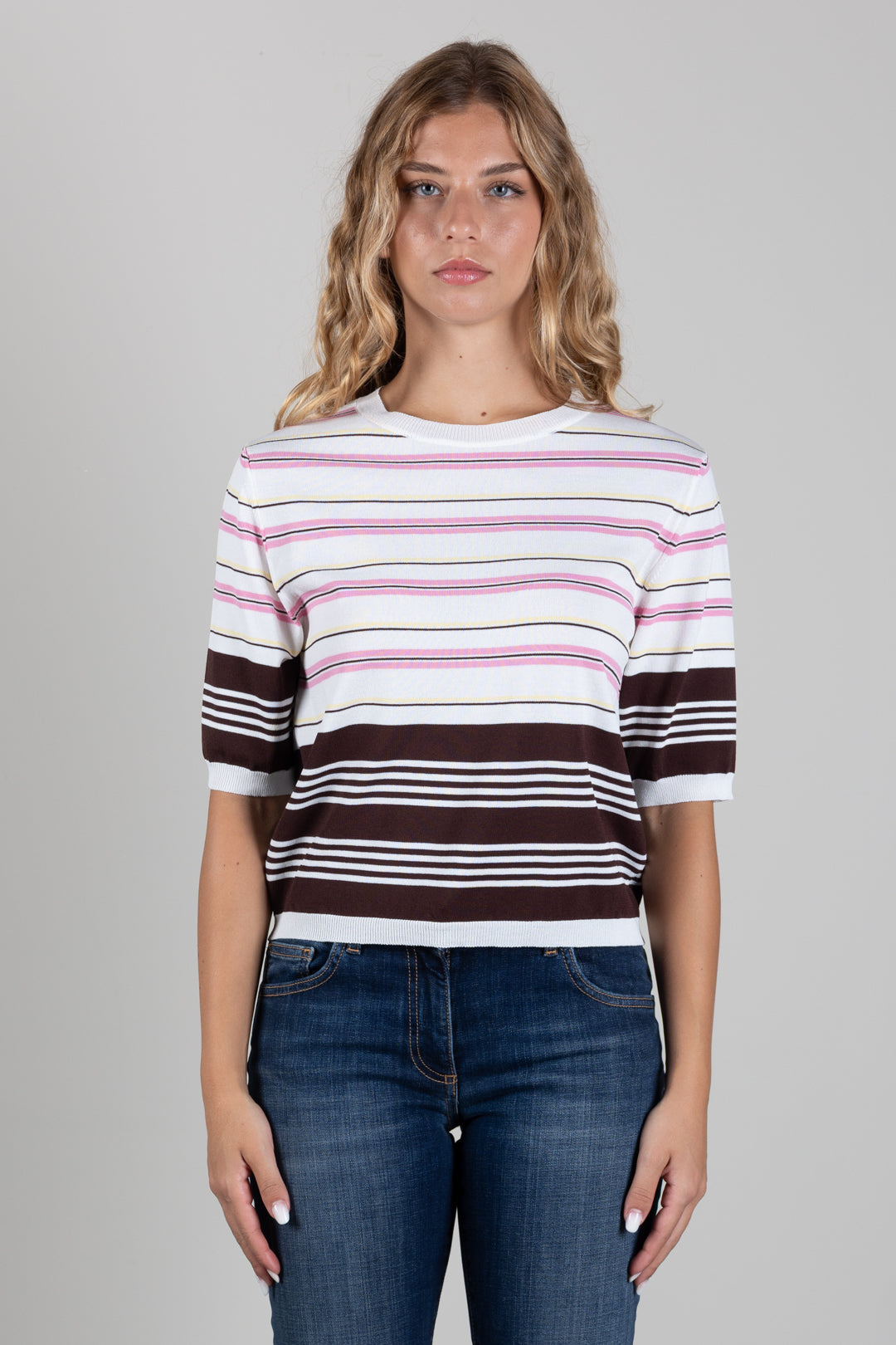 Angela Davis Maglia a Righe Multicolor con Dettagli Marroni RP9PA64 MORO