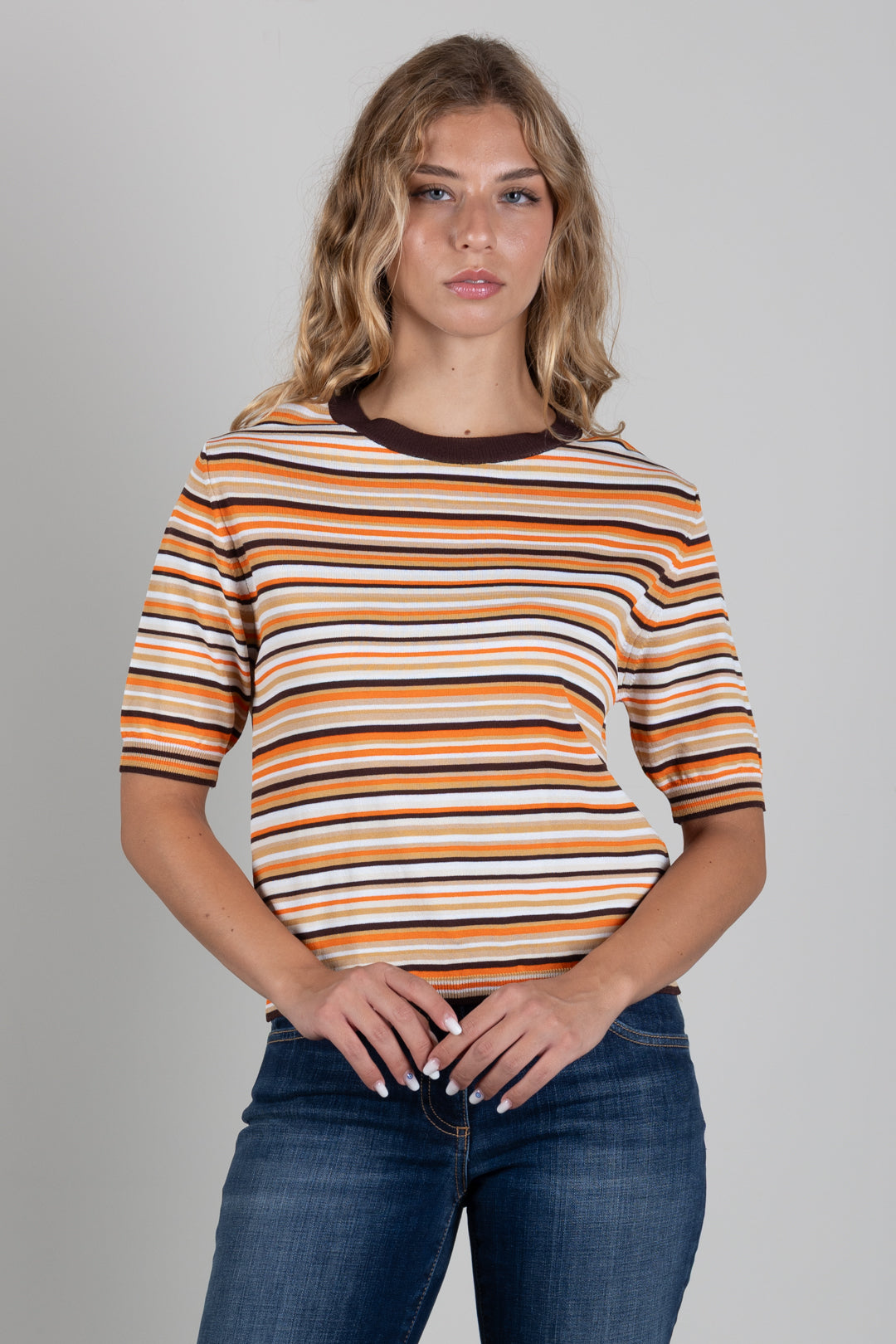 Angela Davis Maglia a Righe Multicolor con Profili Marroni RP9PA62 MORO