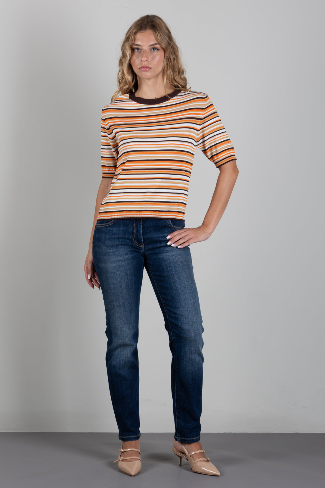 Angela Davis Maglia a Righe Multicolor con Profili Marroni RP9PA62 MORO