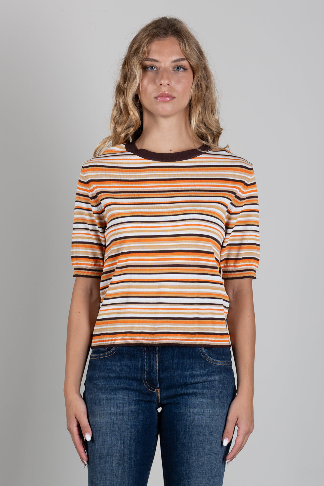 Angela Davis Maglia a Righe Multicolor con Profili Marroni RP9PA62 MORO