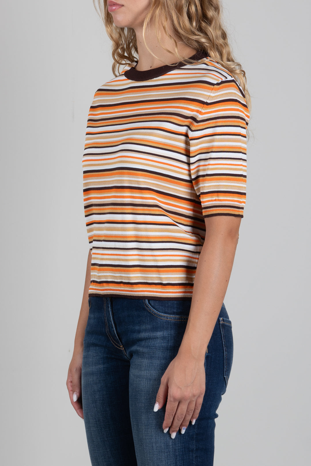 Angela Davis Maglia a Righe Multicolor con Profili Marroni RP9PA62 MORO
