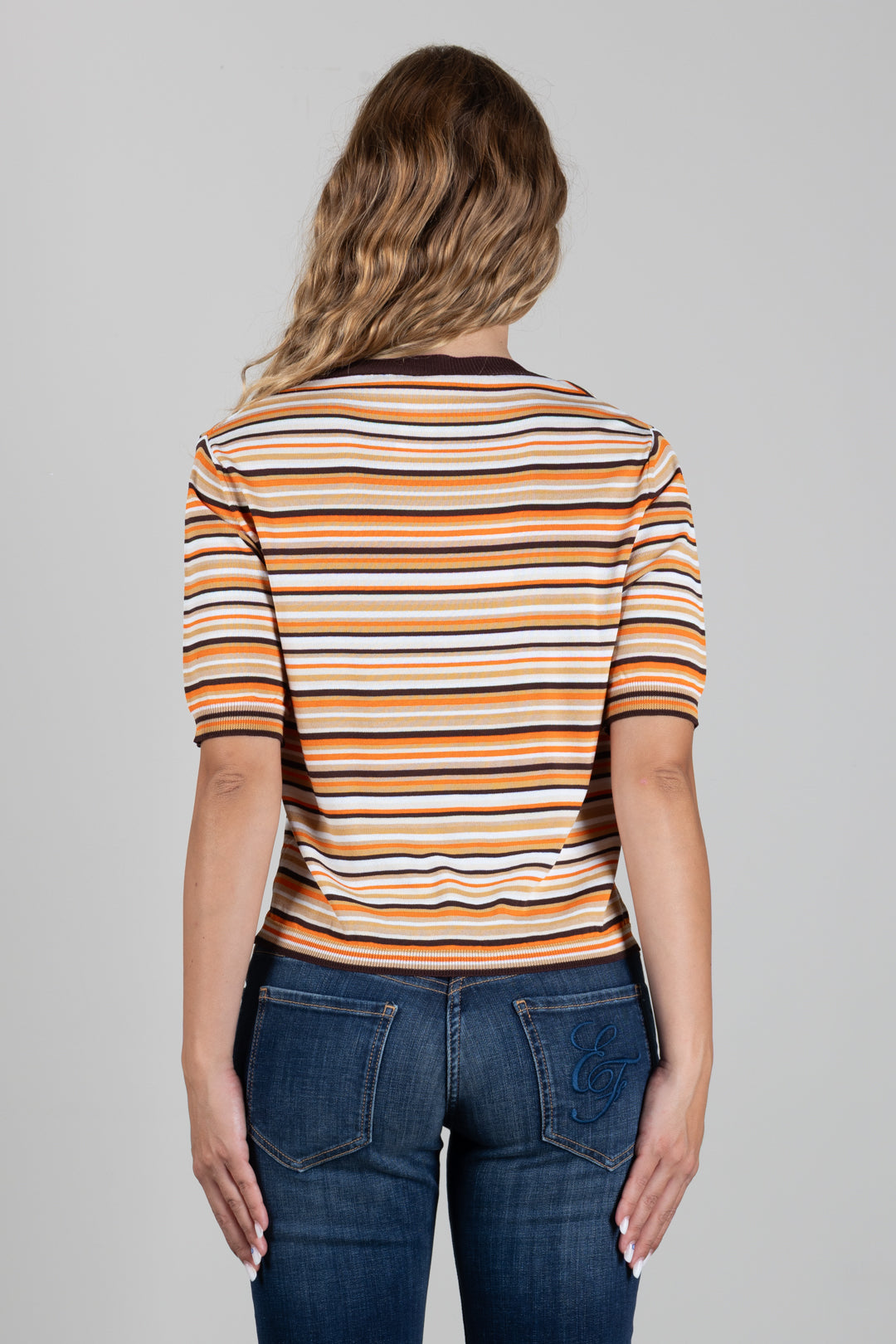 Angela Davis Maglia a Righe Multicolor con Profili Marroni RP9PA62 MORO