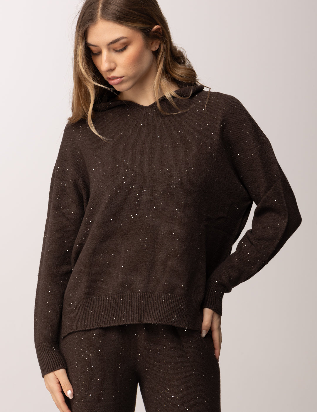 Meme Road Maglia con Cappuccio e Glitter MRK612 FONDENTE