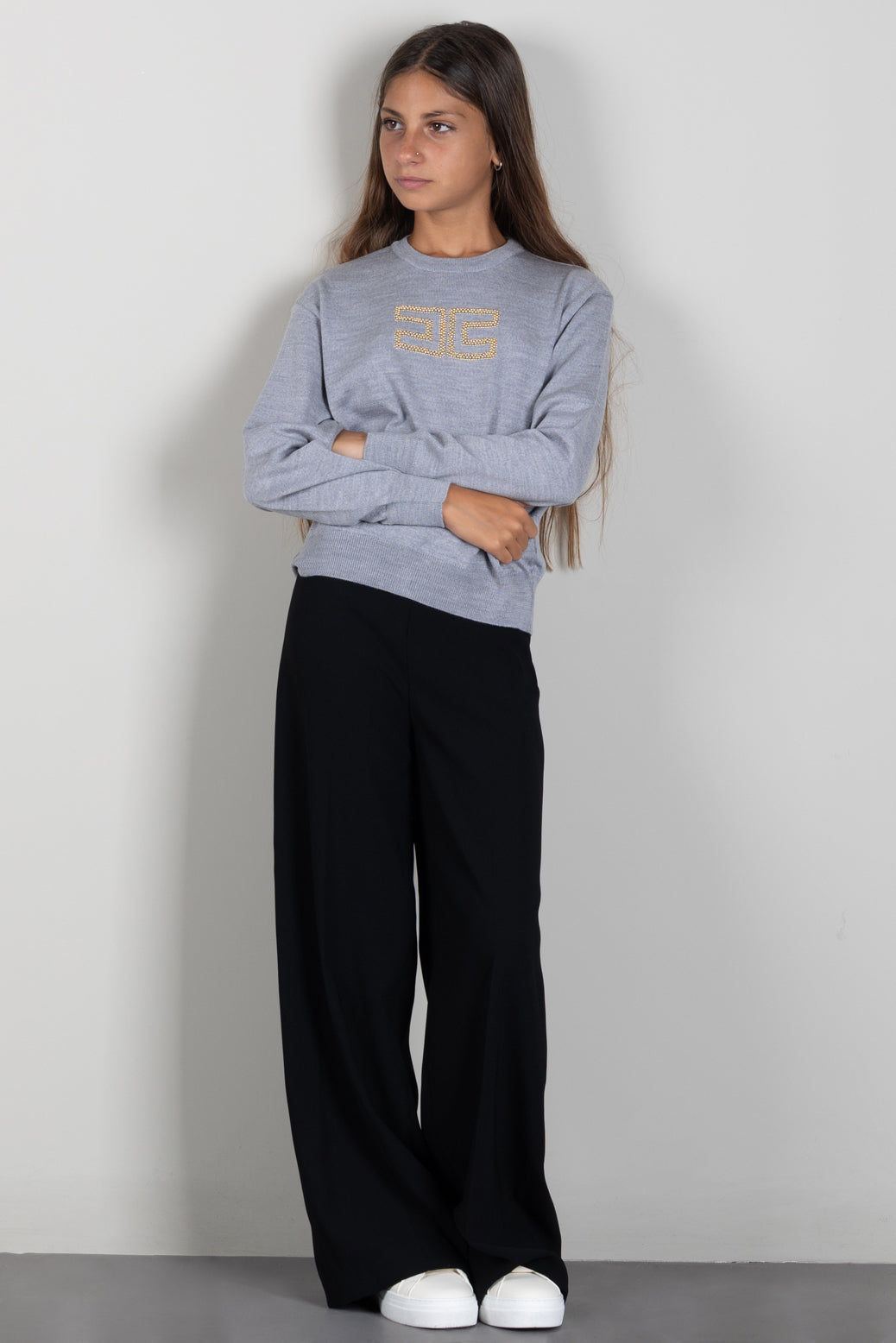 Elisabetta Franchi Bambina Maglia con Logo Gioiello e Borchie Dorate EFMA207CFL151.5002