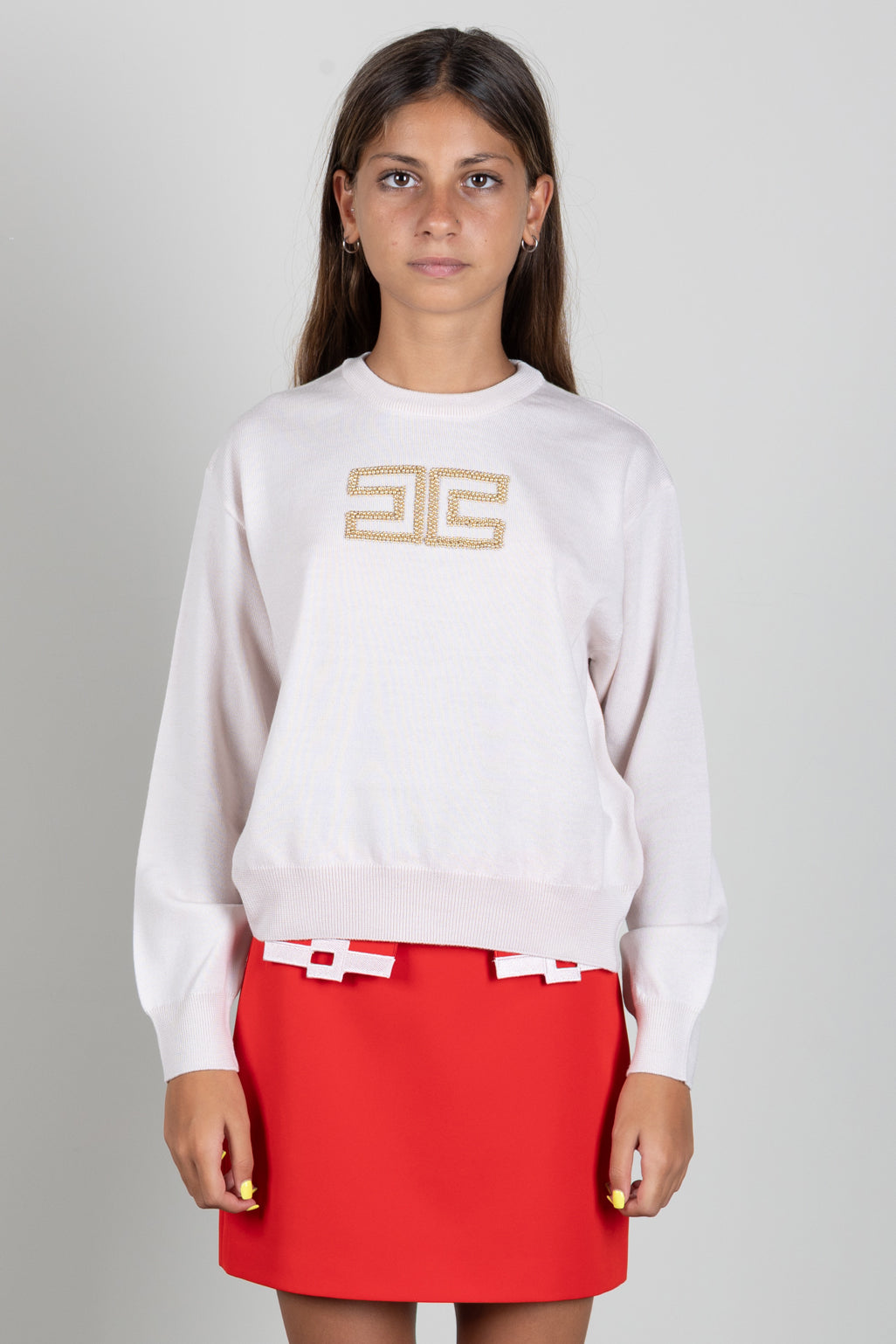 Elisabetta Franchi Bambina Maglia con Logo Gioiello e Borchie Dorate EFMA207CFL151.C063