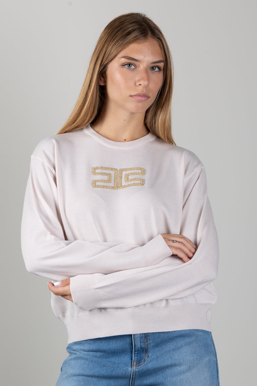 Elisabetta Franchi Bambina Maglia con Logo Gioiello e Borchie Dorate EFMA207CFL151.C063