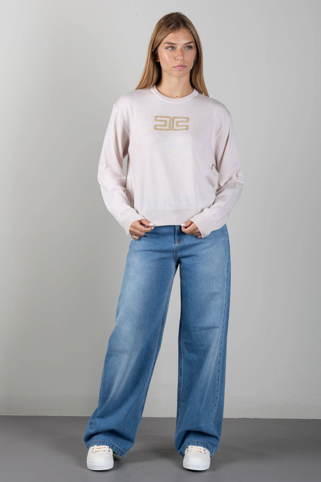 Elisabetta Franchi Bambina Maglia con Logo Gioiello e Borchie Dorate EFMA207CFL151.C063