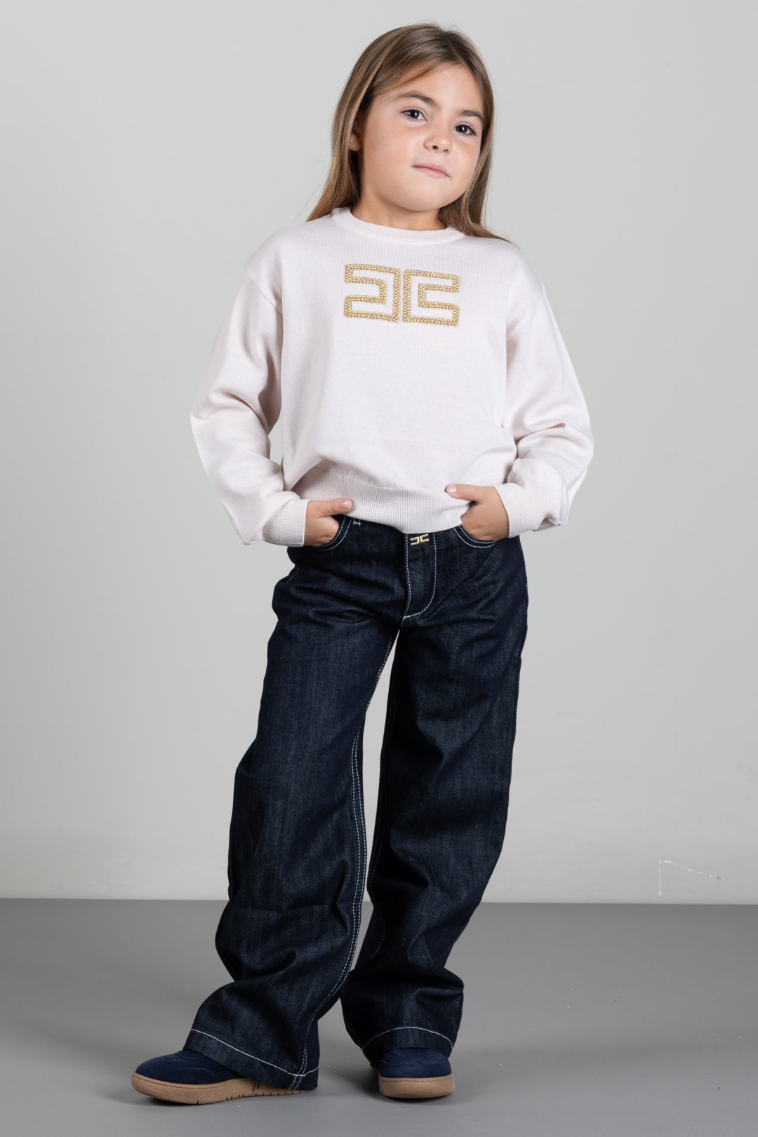 Elisabetta Franchi Bambina Maglia con Logo Gioiello e Borchie Dorate EFMA207CFL151.C063