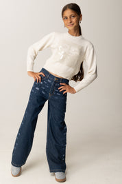 Elisabetta Franchi Bambina Maglia con Ricamo Maxi Paillettes e Logo EFMA183CFL230 BURRO