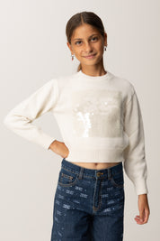 Elisabetta Franchi Bambina Maglia con Ricamo Maxi Paillettes e Logo EFMA183CFL230 BURRO