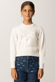 Elisabetta Franchi Bambina Maglia con Ricamo Maxi Paillettes e Logo EFMA183CFL230 BURRO