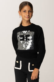 Elisabetta Franchi Bambina Maglia con Ricamo Maxi Paillettes e Logo EFMA183CFL230 NERO