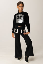 Elisabetta Franchi Bambina Maglia con Ricamo Maxi Paillettes e Logo EFMA183CFL230 NERO