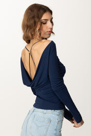 Elisabetta Franchi Maglia con Schiena Scoperta e Dettaglio Gioiello MD01352E2 OLTREMARE