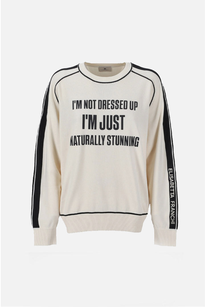 Elisabetta Franchi Maglia con Stampa Lettering e Bande Laterali MK14S66E2 BURRO/NERO