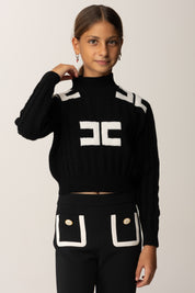Elisabetta Franchi Bambina Maglia Crop Collo Alto con Trecce e Logo EFMA171CFL230 NERO/MILK