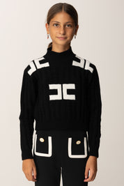 Elisabetta Franchi Bambina Maglia Crop Collo Alto con Trecce e Logo EFMA171CFL230 NERO/MILK
