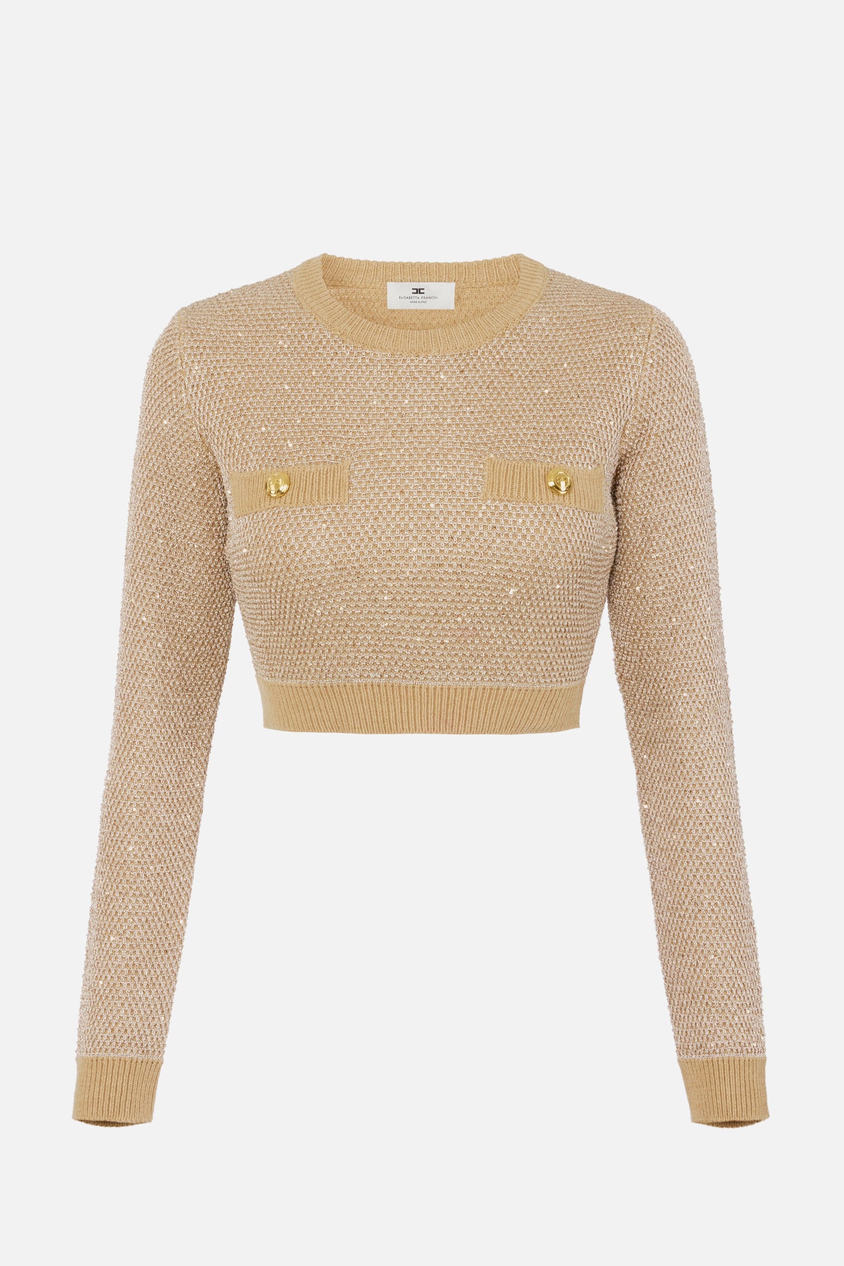 Elisabetta Franchi Maglia Crop con Paillettes e Bottoni Gold MK56T57E2 HONEY