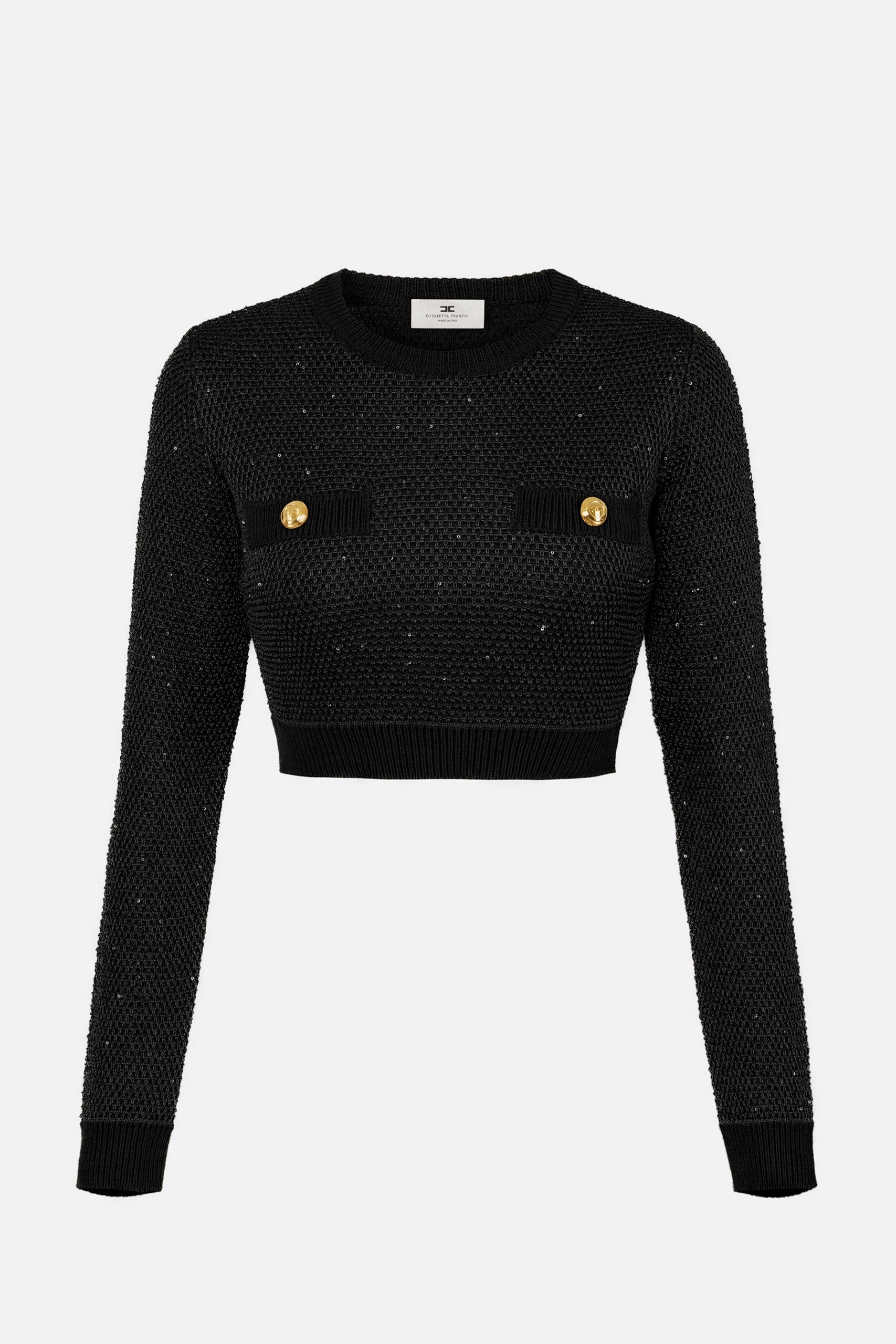 Elisabetta Franchi Maglia Crop con Paillettes e Bottoni Gold MK56T57E2 NERO