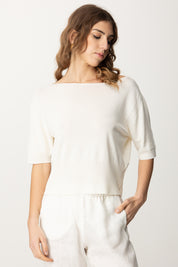 Manila Grace Maglia Crop con Scollo a Barca M430VU OFF WHITE