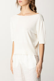 Manila Grace Maglia Crop con Scollo a Barca M430VU OFF WHITE