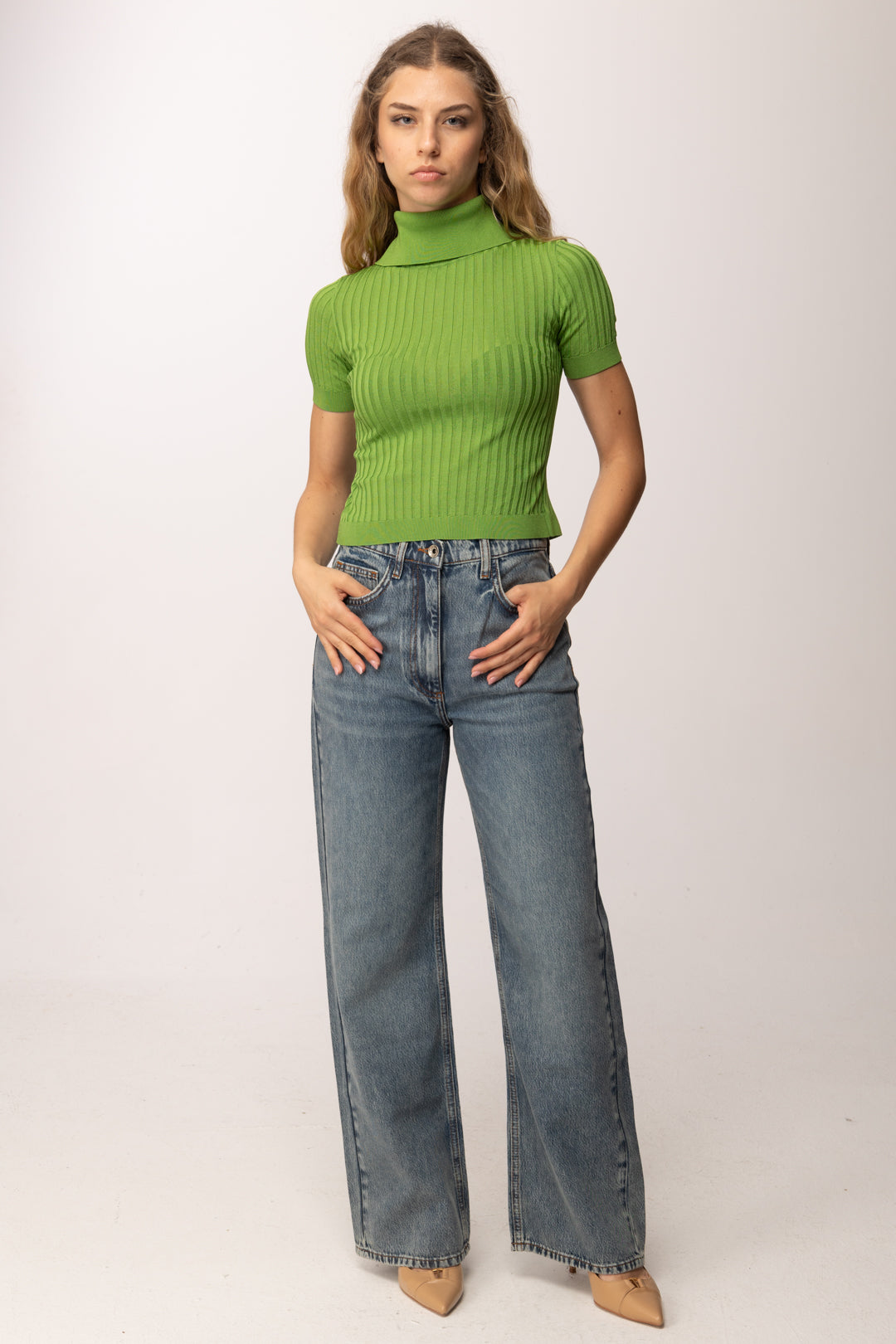 Elisabetta Franchi Maglia Crop con Trasparenze e Bottoncini MK01S62E2 ALOE