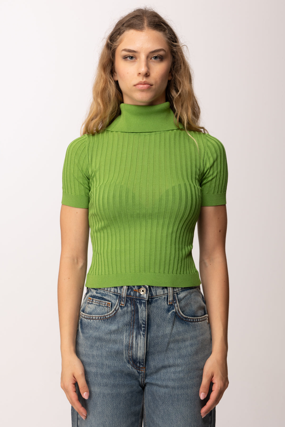 Elisabetta Franchi Maglia Crop con Trasparenze e Bottoncini MK01S62E2 ALOE