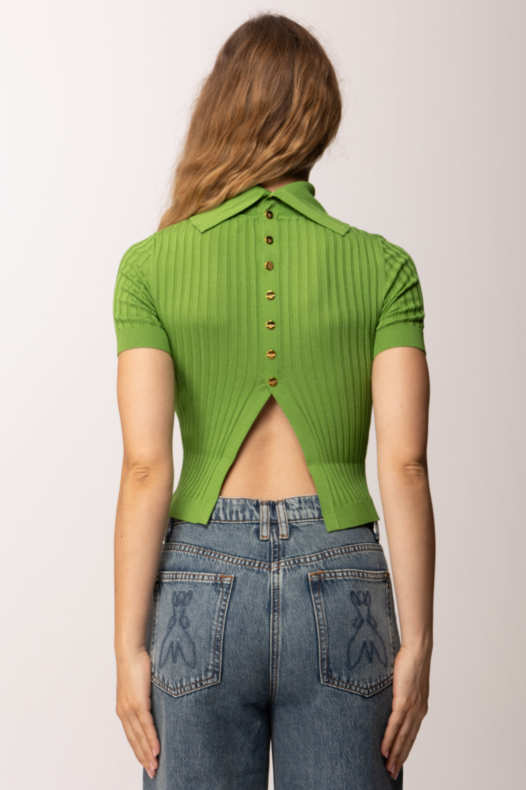 Elisabetta Franchi Maglia Crop con Trasparenze e Bottoncini MK01S62E2 ALOE