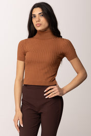 Elisabetta Franchi Maglia Crop con Trasparenze e Bottoncini MK01S62E2 CUOIO